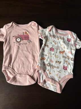 Chick Pea Pink Farm-Themed Baby One-Piece Bodysuits 2 Piece Size 0-3 Months